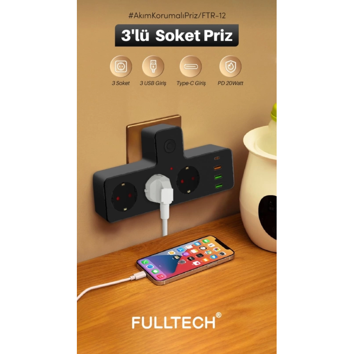 Ftr-12 Termal Akım Korumalı Isıya Dayanıklı 3’lü Priz 3x Usb 1x Type-c ( Lisinya )