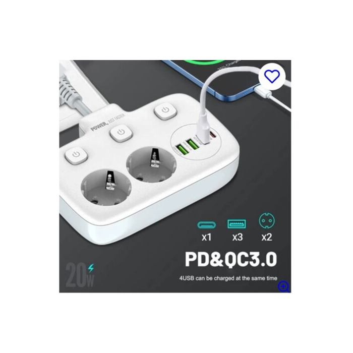 Akım Korumalı 2’li Ayrı Anahtarlı Priz, 2x Priz, 3x Usb, 1x Type-c, 2 Mt Kablo, Hızlı Şarj ( Lisinya )