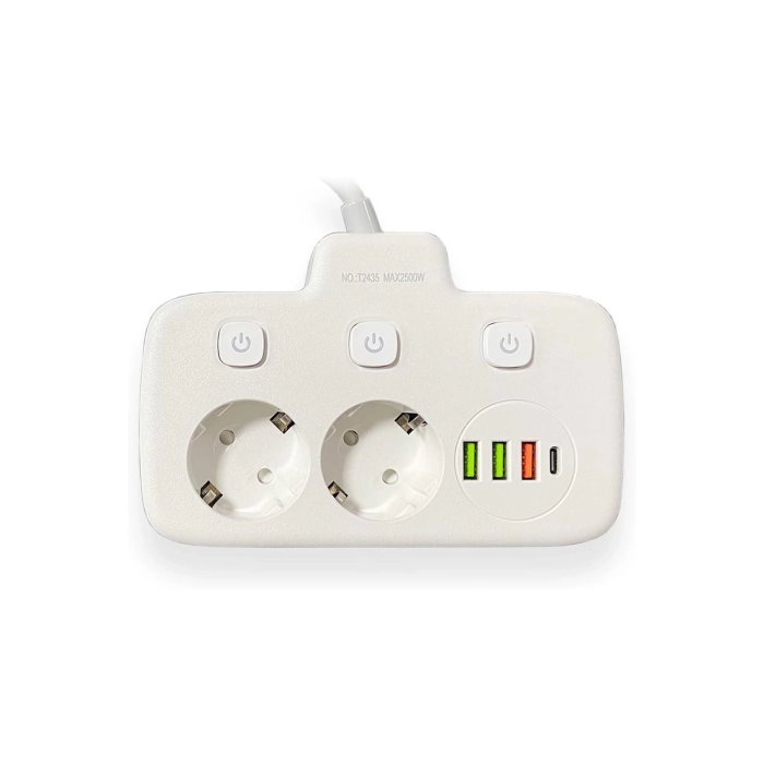 Akım Korumalı 2’li Ayrı Anahtarlı Priz, 2x Priz, 3x Usb, 1x Type-c, 2 Mt Kablo, Hızlı Şarj ( Lisinya )