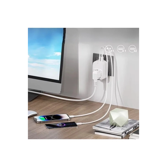 Tekli Yüksek Voltaj Korumalı Duvar Prizi 2x Type-c 1x Usb Çıkışlı Priz Grup Priz Çoğaltıcı Beyaz ( Lisinya )