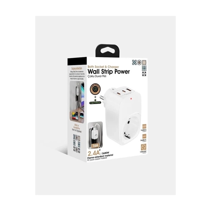 Tekli Yüksek Voltaj Korumalı Duvar Prizi 2x Type-c 1x Usb Çıkışlı Priz Grup Priz Çoğaltıcı Siyah ( Lisinya )