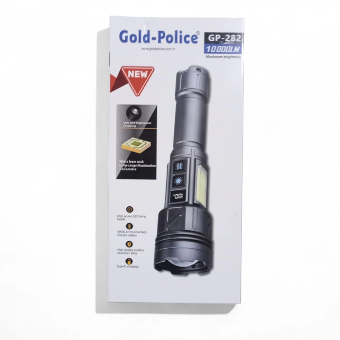 Gold-police Gp-282 Uzun Menzilli Güçlü Şarjlı 10000 Lümen El Feneri 11 Mod Çakar Işıklı Kırmızı-mavi-yeşil Led ( Lisinya )