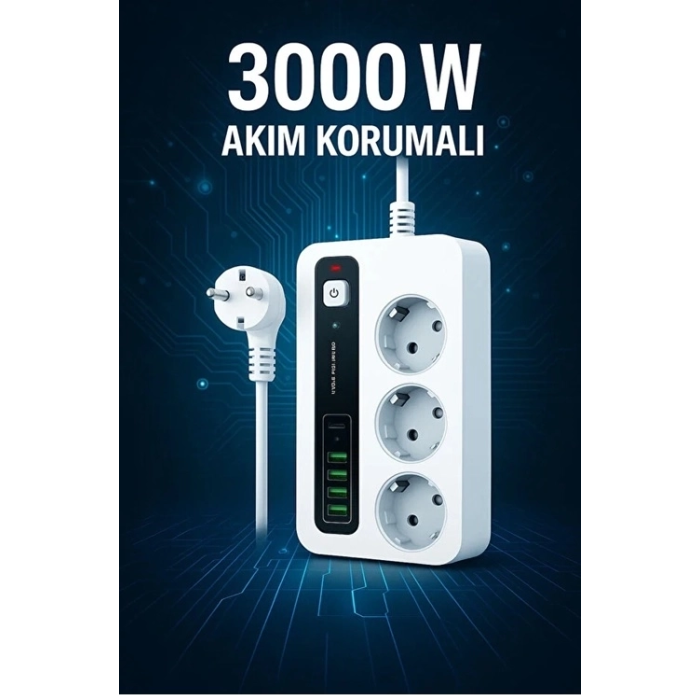 P10 3x Priz 3000w Akım Korumalı 4x Usb 2x Type-c Girişli Çoklu Priz ( Lisinya )