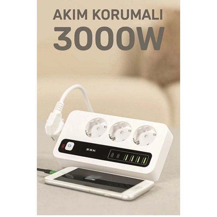 P10 3x Priz 3000w Akım Korumalı 4x Usb 2x Type-c Girişli Çoklu Priz ( Lisinya )