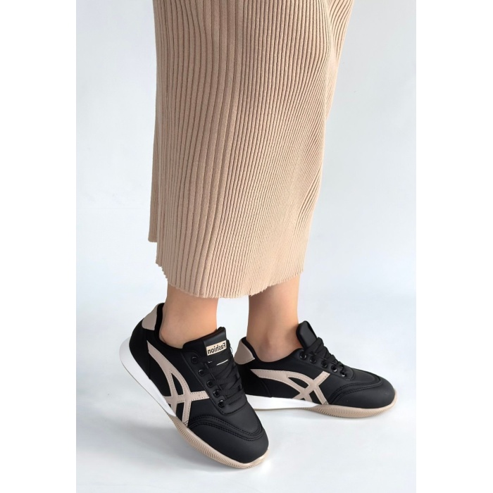 Zlay Siyah Cilt Bej Detaylı Bağcıklı Spor Ayakkabı - Lisinya