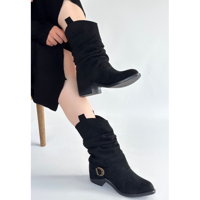 Canty Siyah Süet Körüklü Topuklu Çizme - Lisinya