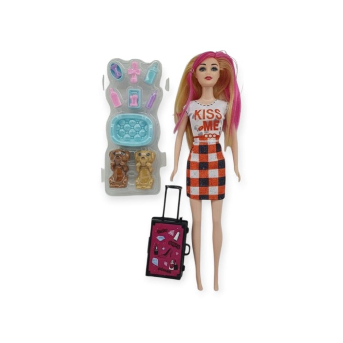 Puppy Bella 30 cm Bebek ve Köpek Bakım Seti - Turuncu Elbise (Lisinya)