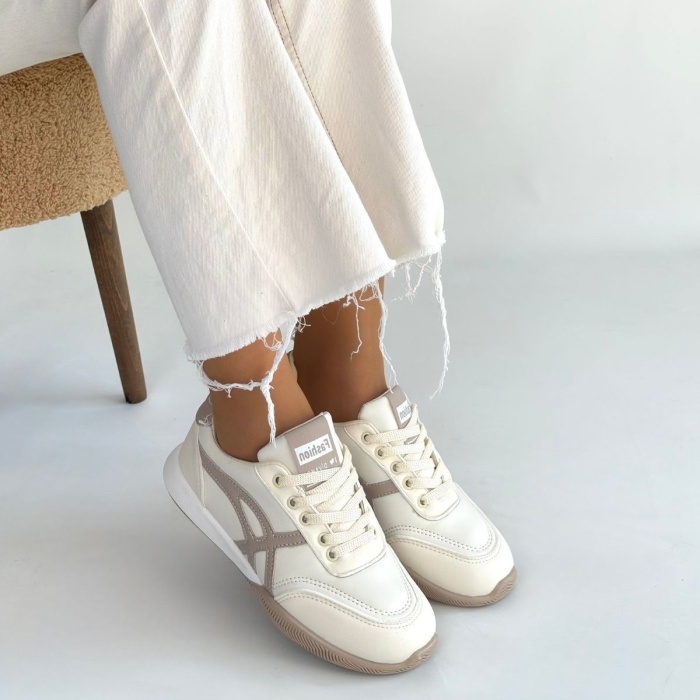 Zlay Bej Cilt Vizon Detaylı Bağcıklı Spor Ayakkabı - Lisinya