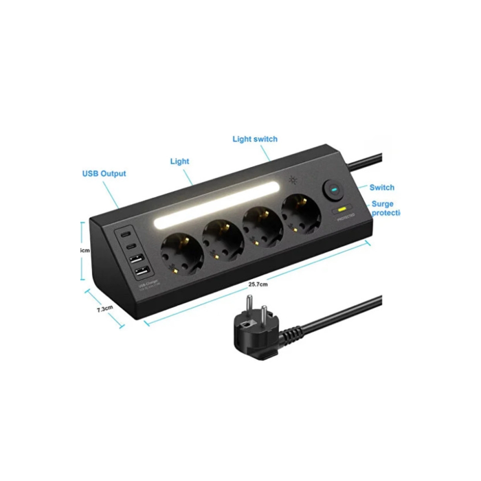 Lp764 Çoklu Gece Lambalı Priz Yüksek Gerilim Korumalı 4’lü Priz 2xusb 2xtype-c Çıkışlı Grup Priz Çoğaltıcı ( Lisinya )