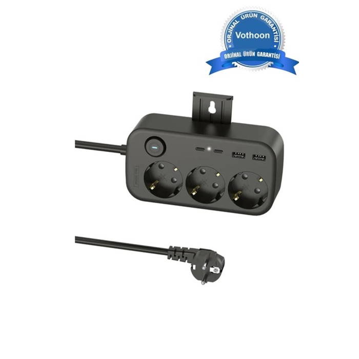 Akım Korumalı Priz 2 Usb + 2 Type-c Girişli 2 Metre Kablosu Anahtarlı Ve Duvara Monte Edilebilir ( Lisinya )