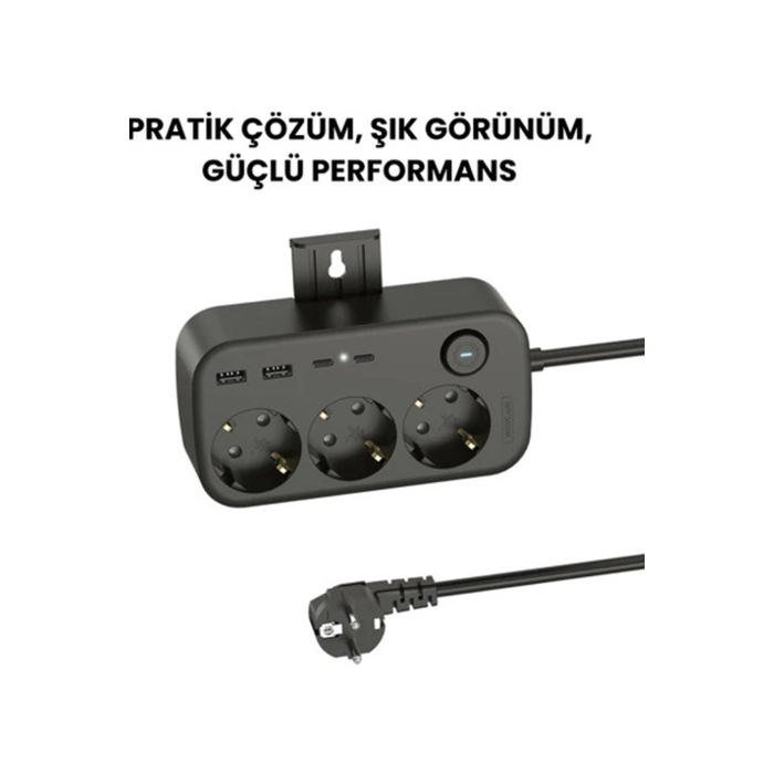 Akım Korumalı Priz 2 Usb + 2 Type-c Girişli 2 Metre Kablosu Anahtarlı Ve Duvara Monte Edilebilir ( Lisinya )