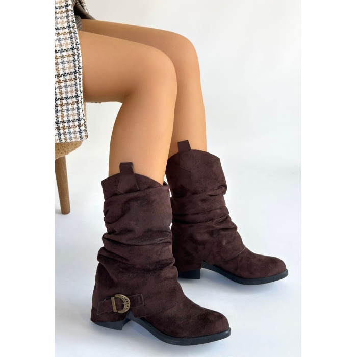 Canty Kahverengi Süet Körüklü Topuklu Çizme - Lisinya