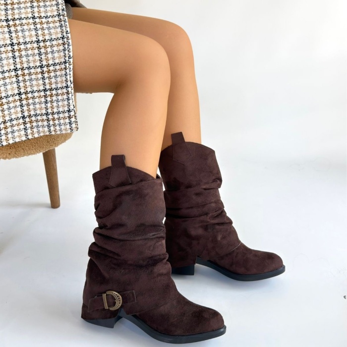 Canty Kahverengi Süet Körüklü Topuklu Çizme - Lisinya