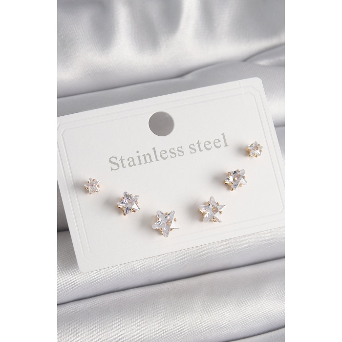 316L Çelik Gold Renk Zirkon Taşlı Yıldız Model Kadın Küpe Seti - Lisinya