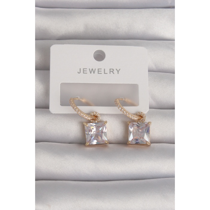 Pirinç Gold Renk Kare Zirkon Taşlı Halka Küpe - Lisinya