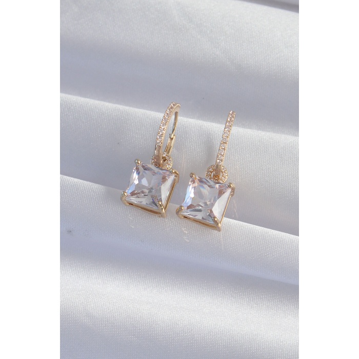 Pirinç Gold Renk Kare Zirkon Taşlı Halka Küpe - Lisinya