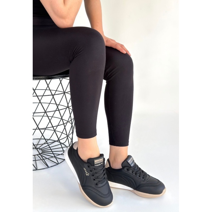 Tawen Siyah Cilt Bej Tabanlı Bağcıklı Spor Ayakkabı - Lisinya