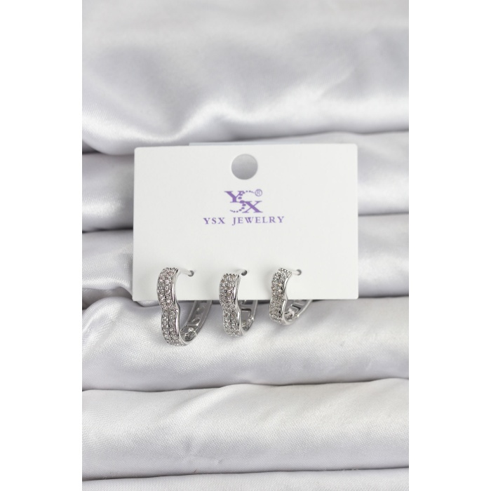 Gümüş Renk Pirinç Zirkon Taşlı Kalpli Kadın Küpe - Lisinya