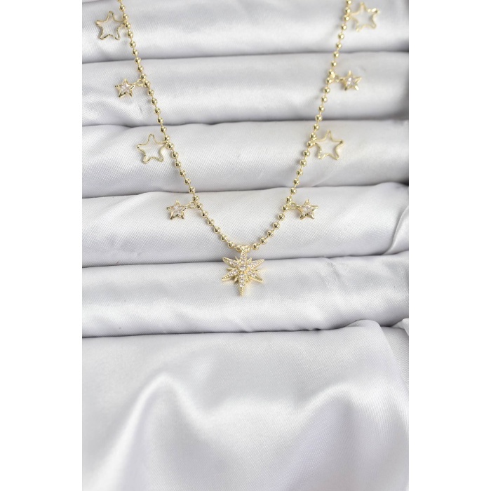 Pirinç Gold Renk Zirkon Taşlı Kutup Yıldızı Model Kadın Kolye - Lisinya