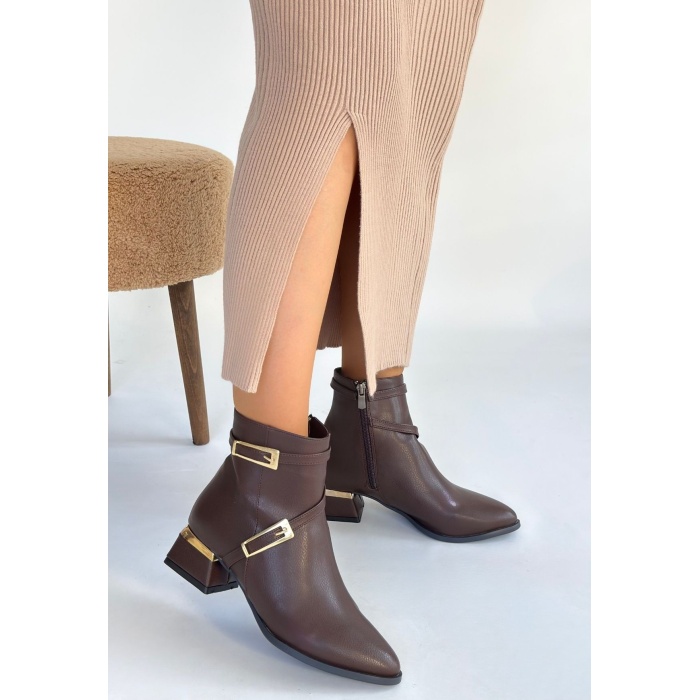 İnay Kahverengi Cilt Topuklu Bot - Lisinya