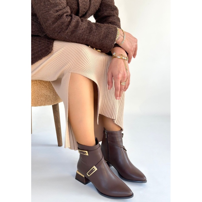 İnay Kahverengi Cilt Topuklu Bot - Lisinya