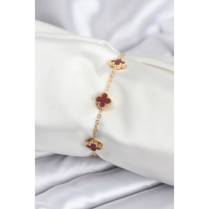 316L Çelik Gold Renk Bordo Baby Boy Yonca Kadın Bileklik - Lisinya