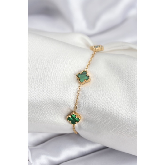316L Çelik Gold Renk Yeşil Baby Boy Yonca Kadın Bileklik - Lisinya