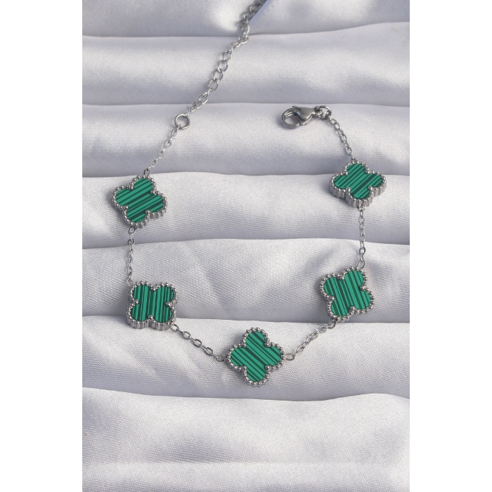 316L Çelik Gümüş Renk Çizgili Yeşil Mineli Yonca Bileklik - Lisinya