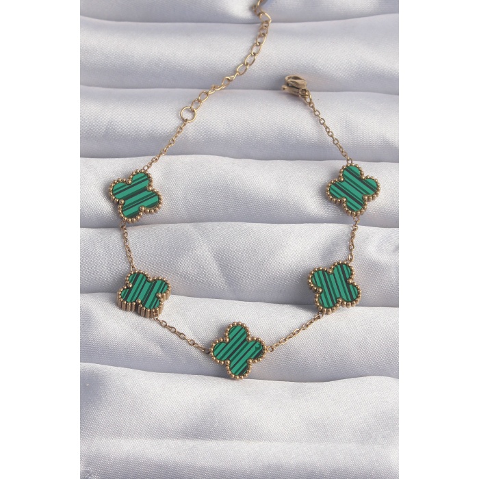 316L Çelik Gold Renk Çizgili Yeşil Mineli Yonca Bileklik - Lisinya