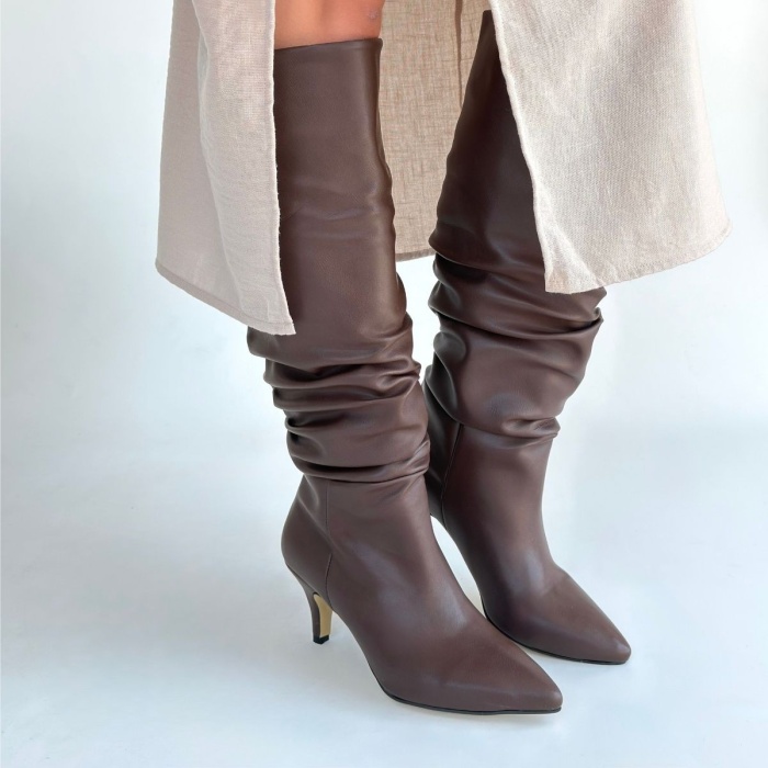 Zelya Kahverengi Cilt Topuklu Çizme - Lisinya