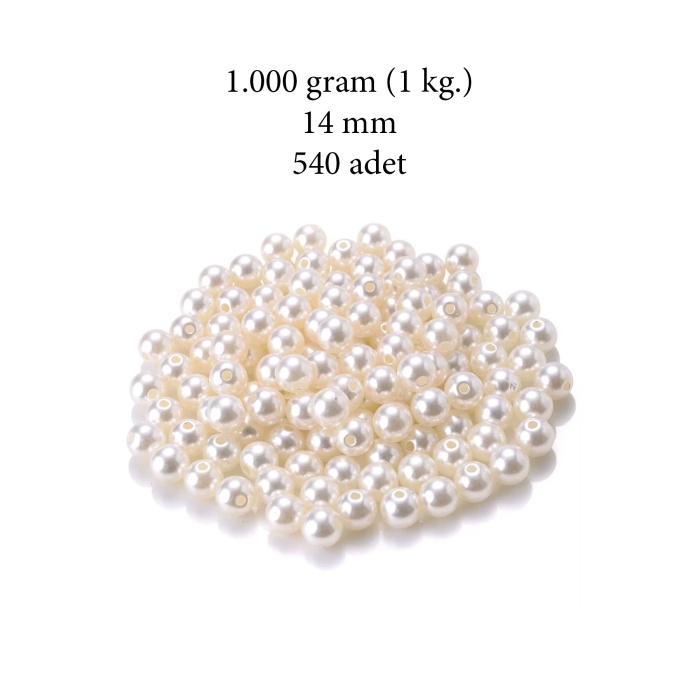 1.000 gram (1 kg.) 14mm Krem Renk Plastik İnci Boncuk Çanta ve Takı Yapım Boncuğu (~540 adet)
