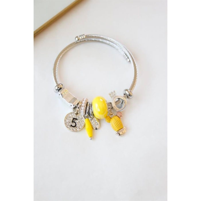 Çelik Charmlı Kaktüs Bilezik - Sarı