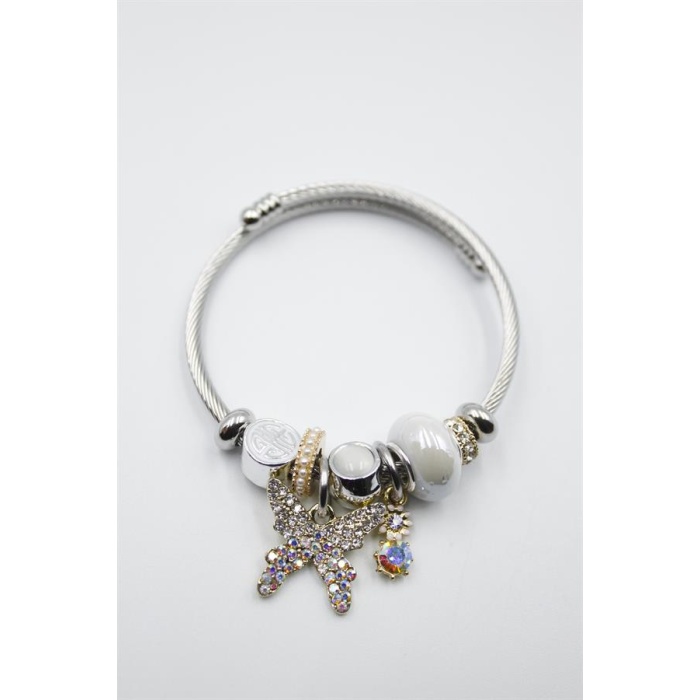 Çelik Charmlı Kelebek Bileklik - Beyaz