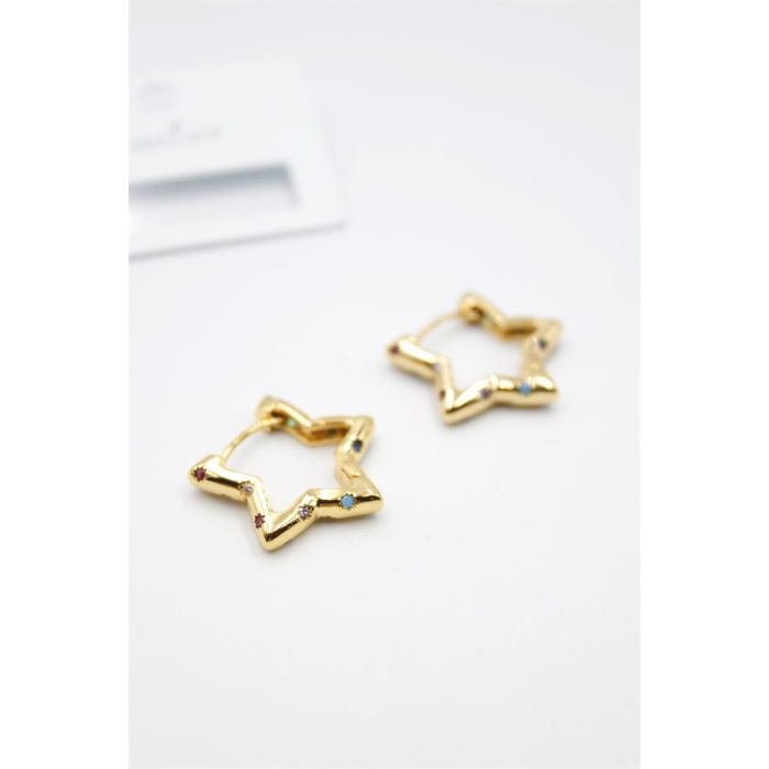 Taşlı Yıldız Küpe - Altın