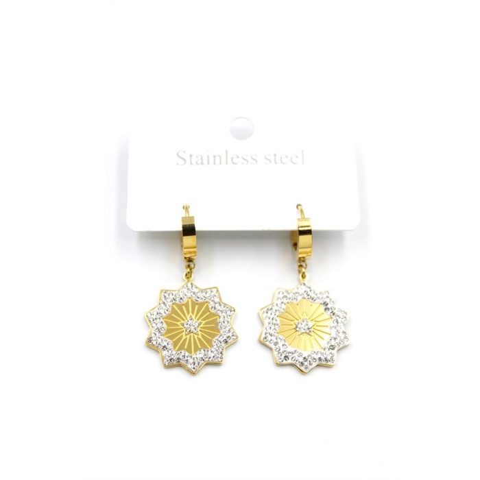 Taşlı Yıldız Çelik Halka Küpe - Altın