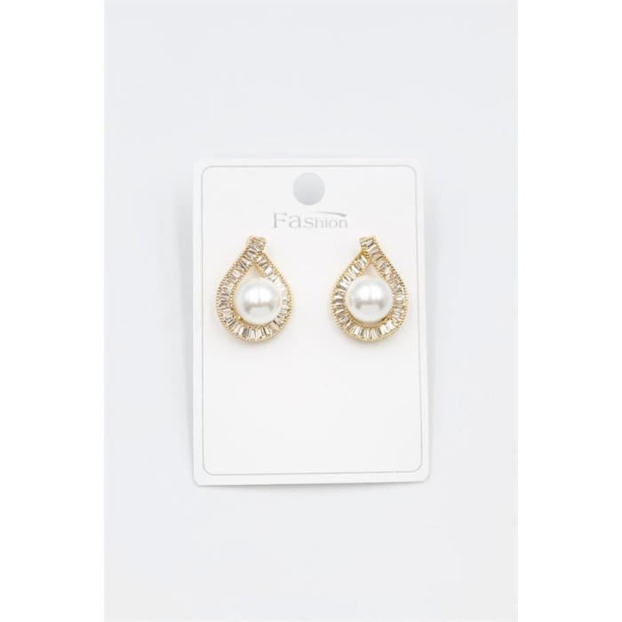 İncili Baget Taşlı Küpe - Altın