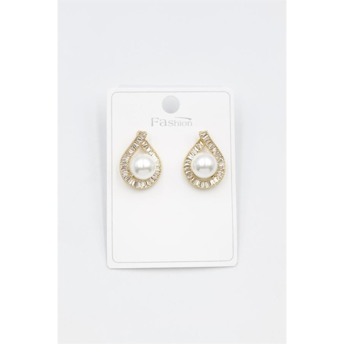 İncili Baget Taşlı Küpe - Altın