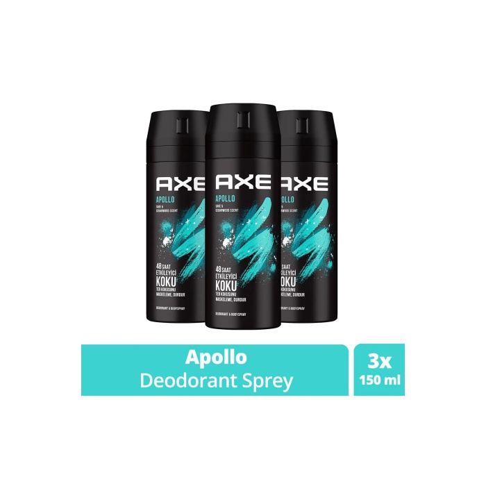 3 Adet Axe Erkek Sprey Deodorant Apollo 48 Saat Etkileyici Koku Vücut Spreyi 150 ml
