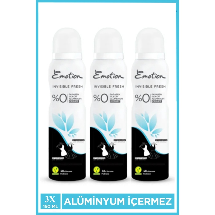 3 Adet Emotion Invisible Fresh Black & White Kadın Deodorant 150ml Vegan, Leke Bırakmaz