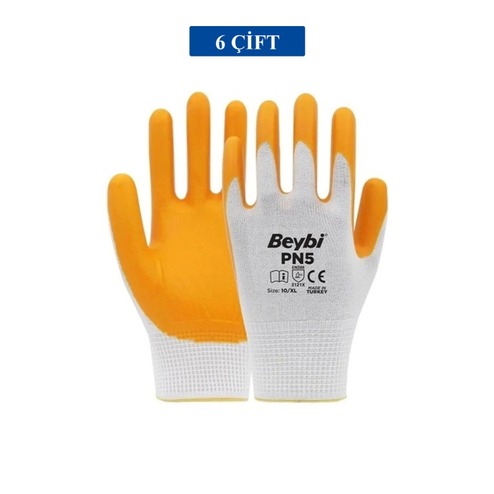 Pn5 Sarı Iş Eldiveni Polyester No:10 Örme Nitril Beybi Royaleks Group - 6 Çift