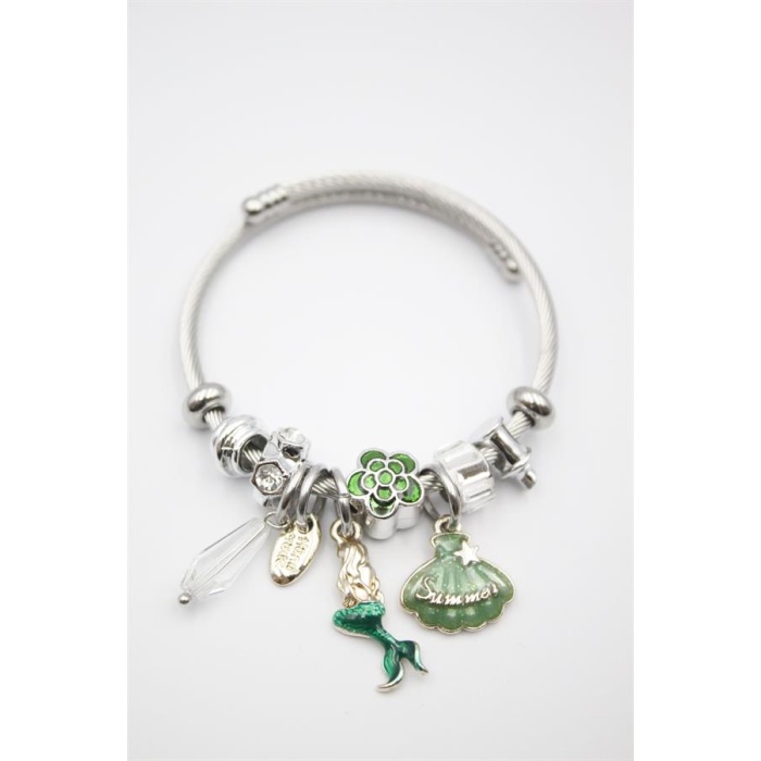 Çelik Charmlı Deniz Kızı Bileklik - Yeşil