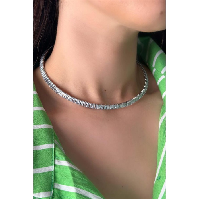 Baget Taşlı Tasma Kolye - Gümüş