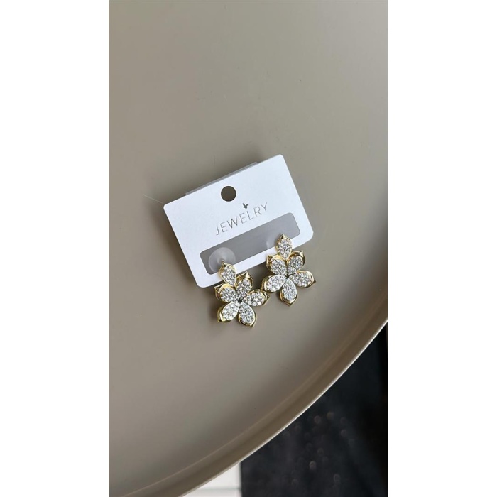 Taşlı Çiçek Küpe - Altın