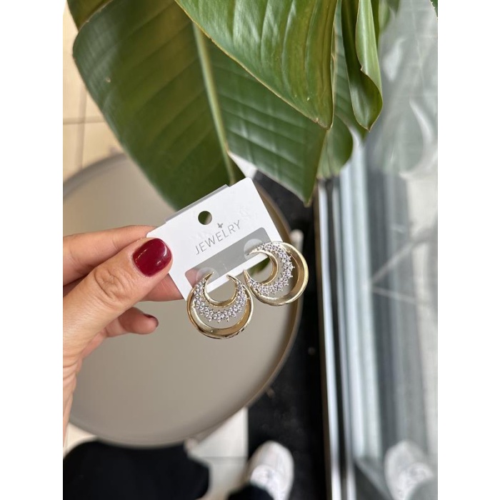 Taşlı Hilal Küpe - Altın