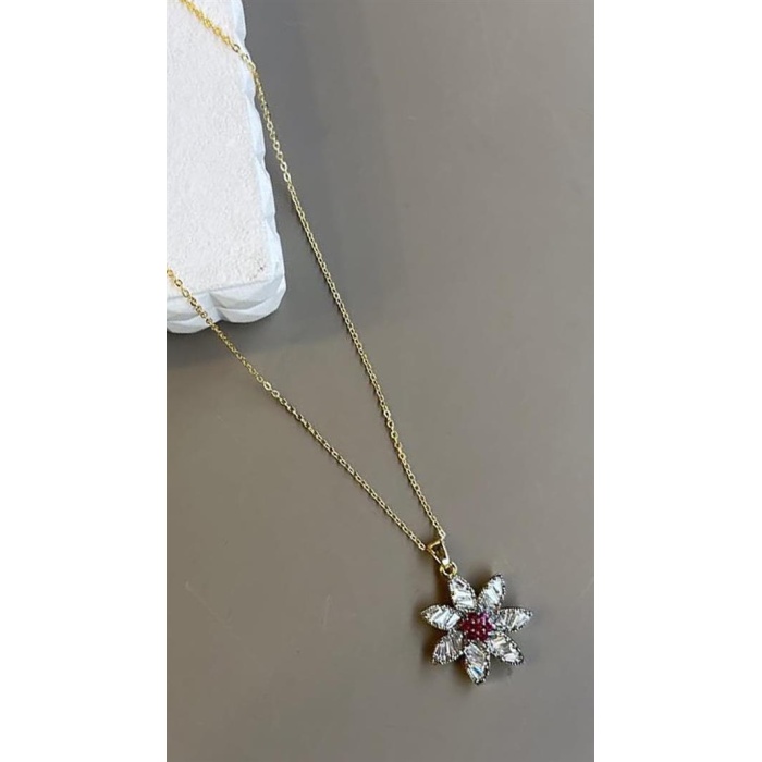 Taşlı Çiçek Kolye - Altın