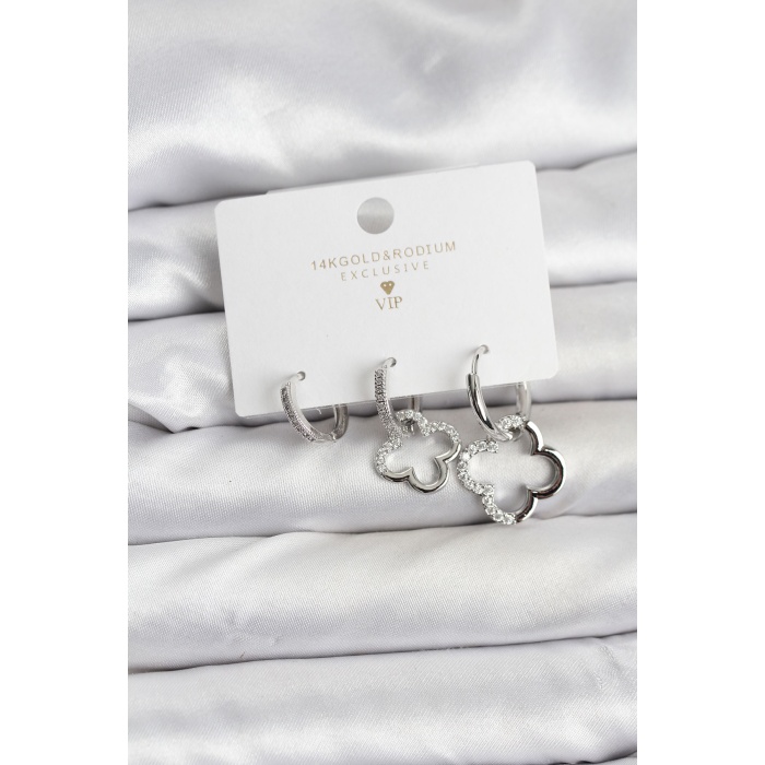 Yonca Model Gümüş Renk Pirinç 3lü Kadın Küpe Seti -