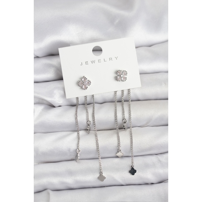 Pirinç Gümüş Renk Yonca Model Sallantılı Kadın Küpe -