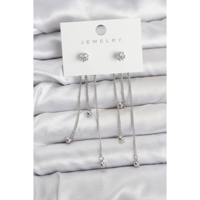 Topçuk Model Gümüş Renk Pirinç Sallantılı Kadın Küpe Seti -