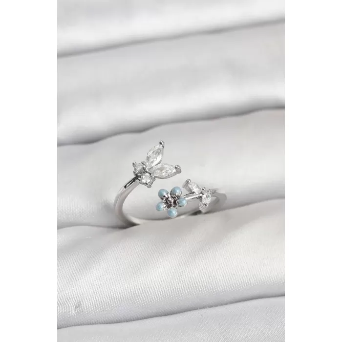 Pirinç Gümüş Renk Kelebek Model Kadın Yüzük