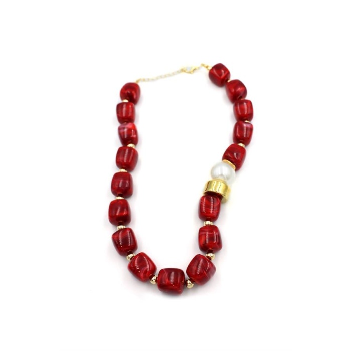 Boncuklu İnci Kolye - Kırmızı